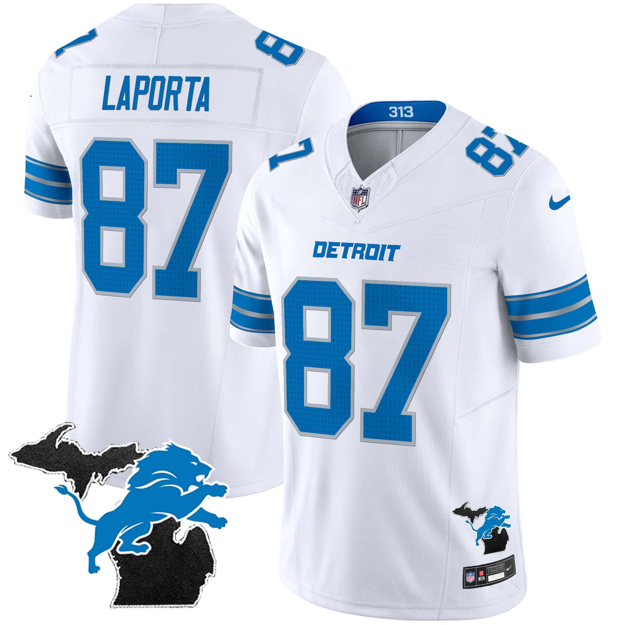 Men Detroit Lions #87 Laporta White 2024 Nike Michigan Patch Vapor Limited NFL Jersey